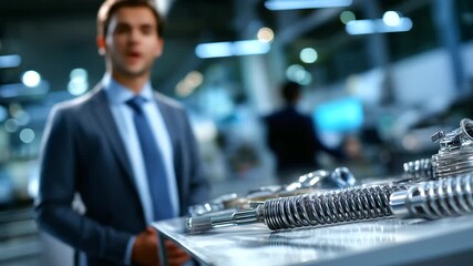 Blurred figure of automotive specialist with sharp focused array of suspension components laid out, with copy space