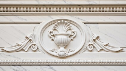 Naklejka premium Close up of a white marble fireplace mantel with a carved seashell and floral design