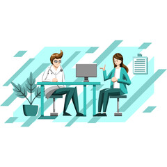 Fototapeta premium Two pixel art people a male and a female in professional attire sit at a table discussing business with a computer and plant in a light blue abstract background suitable for office or meeting themes