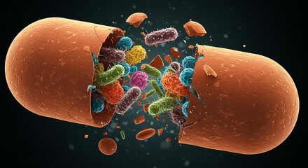 Antibiotic overuse and drug resistance concept with capsule bursting and releasing colorful bacteria and microbes