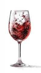 Close up view of a wine glass filled with a vibrant red liquid, capturing the dynamic motion of splashes and bubbles against a clean white backdrop. The liquid appears to be effervescent.