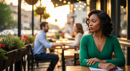 Woman watching couple with envy at outdoor restaurant during evening, unrequited love and emotional tension