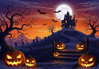 Spooky Halloween night scene with glowing jack-o’-lantern pumpkins, a haunted house on a hill, flying bats, full moon, leafless trees, and graveyard silhouettes under an orange sky.