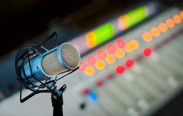 Professional microphone and sound mixer in radio studio