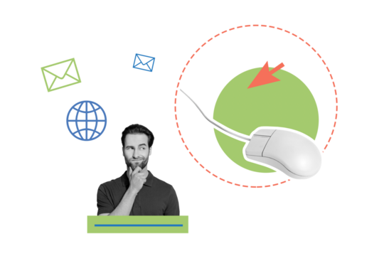 Composite art 3d creative image collage of minded freelancer think cursor mouse tool envelope message correspondence web net 5g - Powered by Adobe