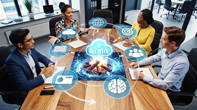 Diverse group collaborating around a table, with digital interface overlaying a visual cloud - Powered by Adobe