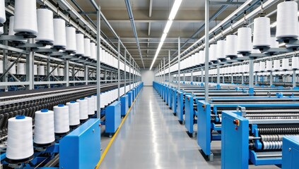 Obraz premium A long row of textile machines with white spools of thread in a textile factory