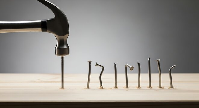 Hammer Hitting Nail Into Wood, Gray Background with Bent Nails