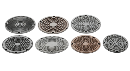 Collection of circular maze manhole covers transparent background cutout png