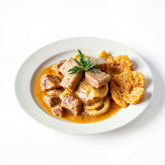 Swiss Zürcher Geschnetzeltes creamy veal ragout with rösti on the side Delicious meat stew served with crispy crackers on white plate  