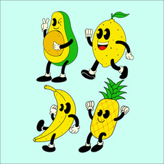 Cute Fruit Cartoon Characters Set  Avocado, Lemon, Banana, and Pineapple Mascot