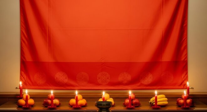 Ancestor worship altar banner background, candles and fruit offerings