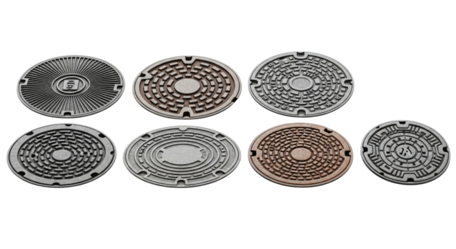 Collection of circular maze manhole covers transparent background cutout png