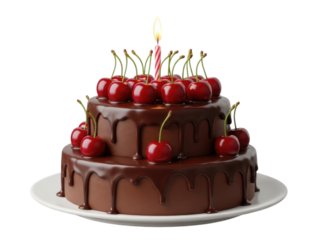 Chocolate layer cake with cherries and candle transparent background cutout png
