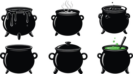 Black cauldron set with bubbling potions, steam, dripping liquids, and magical contents, ideal for Halloween, witchcraft, and spooky vector themes