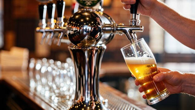 Close up of a bartender pouring a refreshing beer from a tap into a glass at a bar