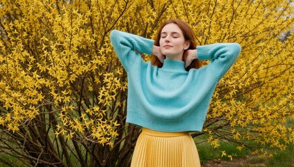 Redhead woman in blue sweater posing in front of forsythia bush with yellow flowers in spring