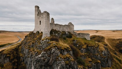 Obraz premium Dramatic ruins of dunluce castle stand atop a rocky cliff overlooking the rugged irish coastline on a cloudy day