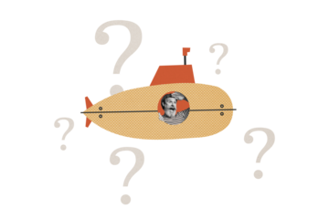 Composite trend artwork collage of caricature copyspace miniature aged man staring window sit submarine question symbol what direction