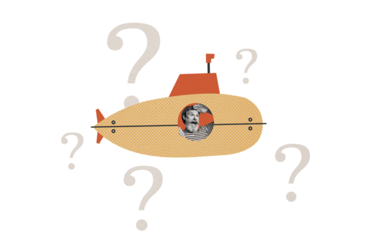 Composite trend artwork collage of caricature copyspace miniature aged man staring window sit submarine question symbol what direction