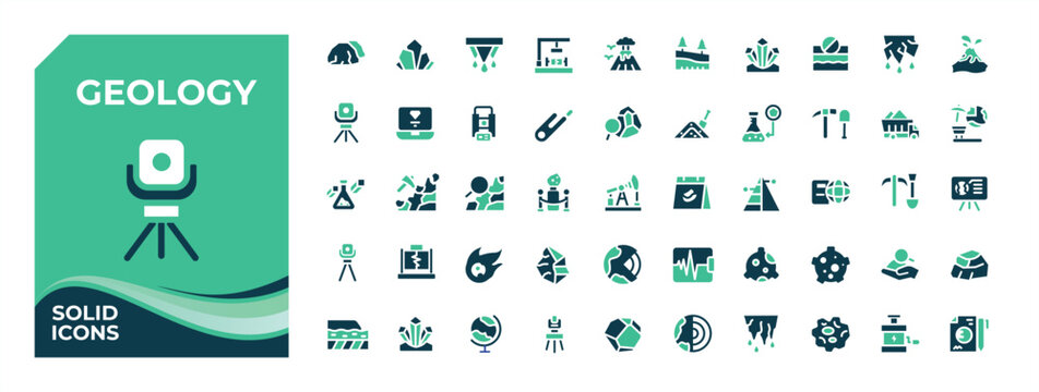 Geology colorful solid icon set. Included geography, earth, mining and more. Flat solid icons set. Mining icon collection. Pixel perfect. Vector illustration.