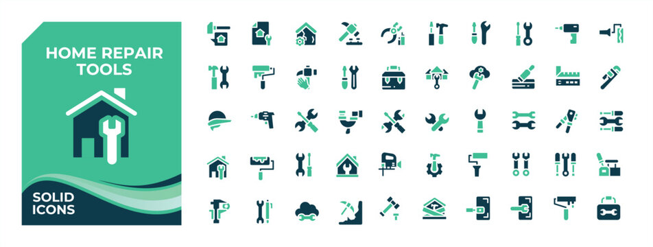 Home Repair Tools colorful solid icon set. Contains filled symbols like tools, housework, build, work, house and more. Vector icons collection. Tool icon set.