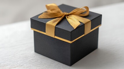 Black gift box presents a golden ribbon bow. For marketing, festive design, web, promotion. Celebratory concept on white background.