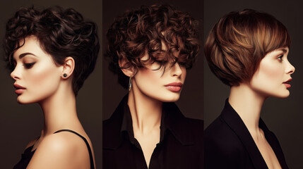 Three women with different hairstyles are shown in a black and white photo. Scene is elegant and sophisticated, with the women's hairstyles being the main focus