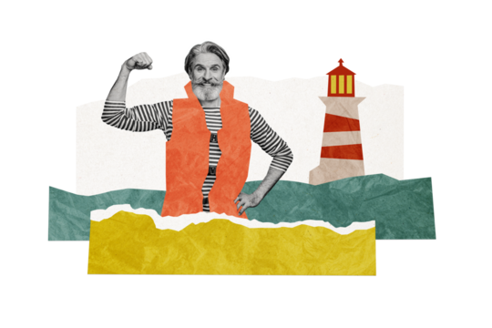 Composite photo collage of happy old man sailor wear life jacket stand beach lighthouse navigation travel isolated on painted background - Powered by Adobe