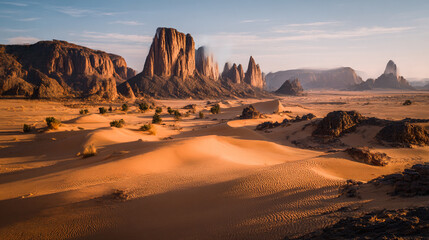 Fototapeta premium Desert landscape, sand dunes and rocky mountains sunset. Dramatic view sahara. Red Mars like landscape. beautiful rock formations. Orange red sand desert, rocky formations and mountains background.