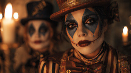 Female clown with harlequin makeup looking at camera