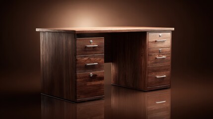 A richly textured antique wooden desk with multiple drawers is showcased under warm, dramatic lighting. The surface reflects the overhead light, creating a sense of depth and luxury.