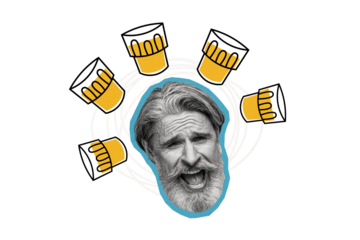 Creative photo collage picture elder man face head laughter alcohol drink beverage beer whiskey glass pub bar celebrate weekend cheers