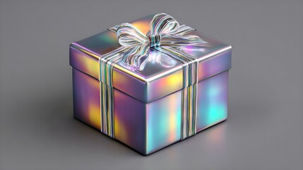 Iridescent gift box sits on grey background. Useful for marketing, web design, and holiday promotions.