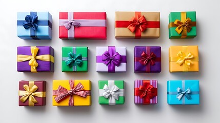 Presents Display: Arranged gift boxes on white backdrop. Festive concept for marketing, holiday designs, seasonal content. Flat lay presents, colorful ribbons.