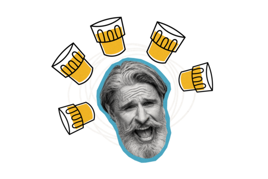 Creative photo collage picture elder man face head laughter alcohol drink beverage beer whiskey glass pub bar celebrate weekend cheers