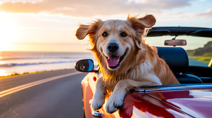 Happy golden retriever enjoying car ride by the beach during sunset
