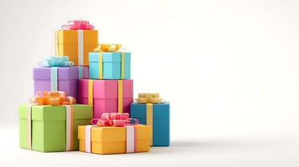 Colorful gift boxes stack. Use for birthday, holidays, marketing, web design. 3D render style, bright background.