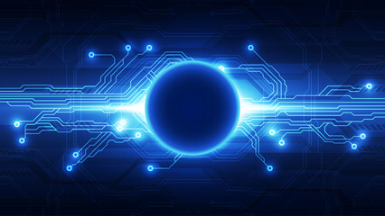 Blue Futuristic Digital Circuit Board Background: Central Data Core and High-Speed Connection Network