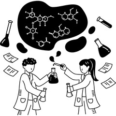 Two Scientists in Lab Coats Conduct Chemical Experiments with Formulas Floating Above Them on a Transparent Background