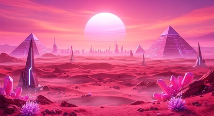 Alien Desert Landscape with Pyramids and Crystal Formations Under a Pink Sun.