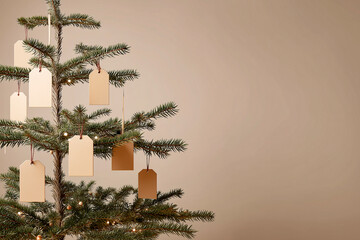 Minimalist Christmas tree with blank brown gift tags hanging from branches and warm fairy lights, perfect for holiday mockups and eco-friendly seasonal themes.
