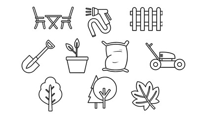 Gardening and Landscaping Vector Outline Icon Set: Collection of 10 Line Art Symbols for Outdoor Tools, Plants, Yard Work, and Patio Furniture for Home and Garden Design