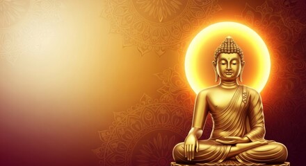 India Buddha Purnima preview banner background, golden statue aura