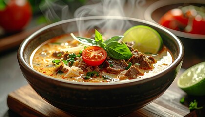 Close-up food footage of Soto Betawi in a ceramic bowl, creamy broth with beef, tomato, and lime garnish, steam visible, soft daylight