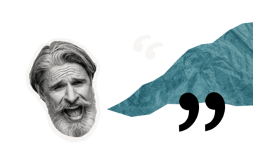 Creative collage image retired elder mature man citation quote remark speech say scream note discussion share opinion mention