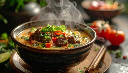 Close-up food footage of Soto Betawi in a ceramic bowl, creamy broth with beef, tomato, and lime garnish, steam visible, soft daylight