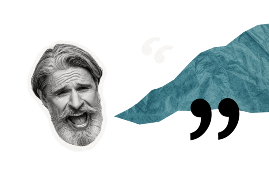 Creative collage image retired elder mature man citation quote remark speech say scream note discussion share opinion mention