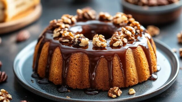 Traditional Brazilian fruitcake with shiny sugar glaze, chopped pecans and fresh mint garnish on a plate, studio close-up capturing festive homemade holiday dessert texture and color