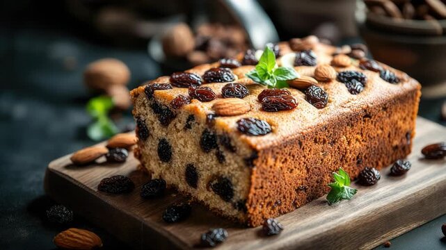 Sliced Brazilian fruitcake bolo de frutas on a wooden board, close-up of moist cake studded with dried fruits and almonds, rustic festive dessert with copy space